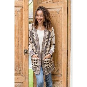 Novica Viscose Blend Jacquard India Architect's Delight Patterned Cardigan